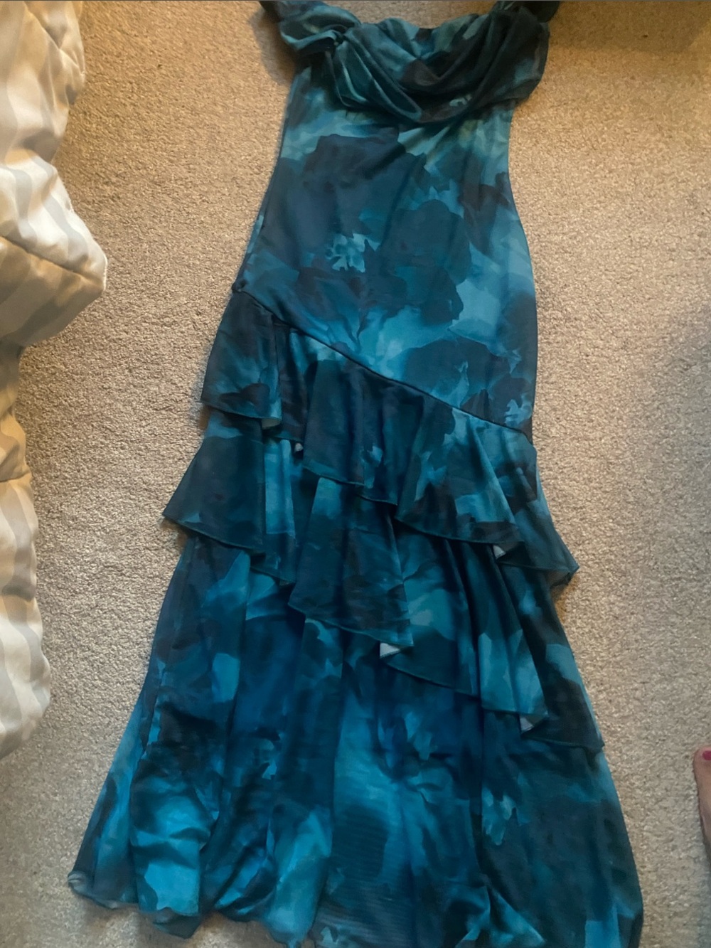 Teal Blue Floral Ruffle Maxi Dress